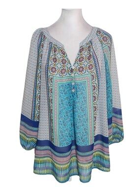 🔥FIG & FLOWERS. Sz L EUC Boho Floral Patchwork Peasant Blouse/Top - Aqua Multi